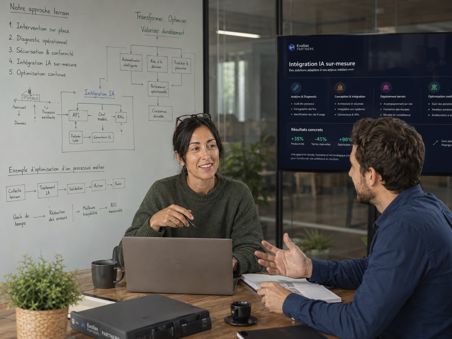 Équipe Evolias Partners en immersion : analyse des processus et flux d'information sur tableau blanc