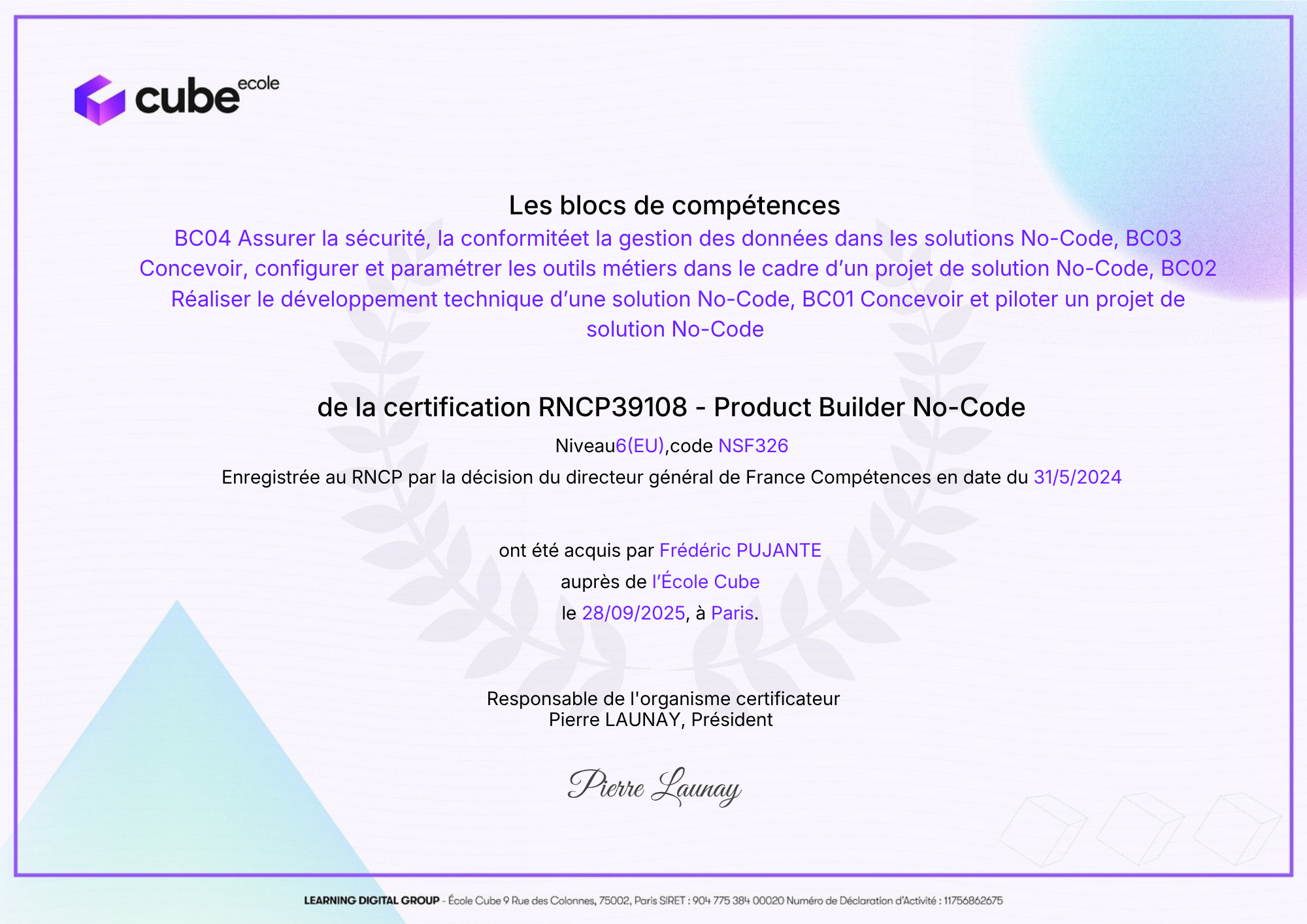 Certification RNCP39108 Product Builder No-Code — École Cube